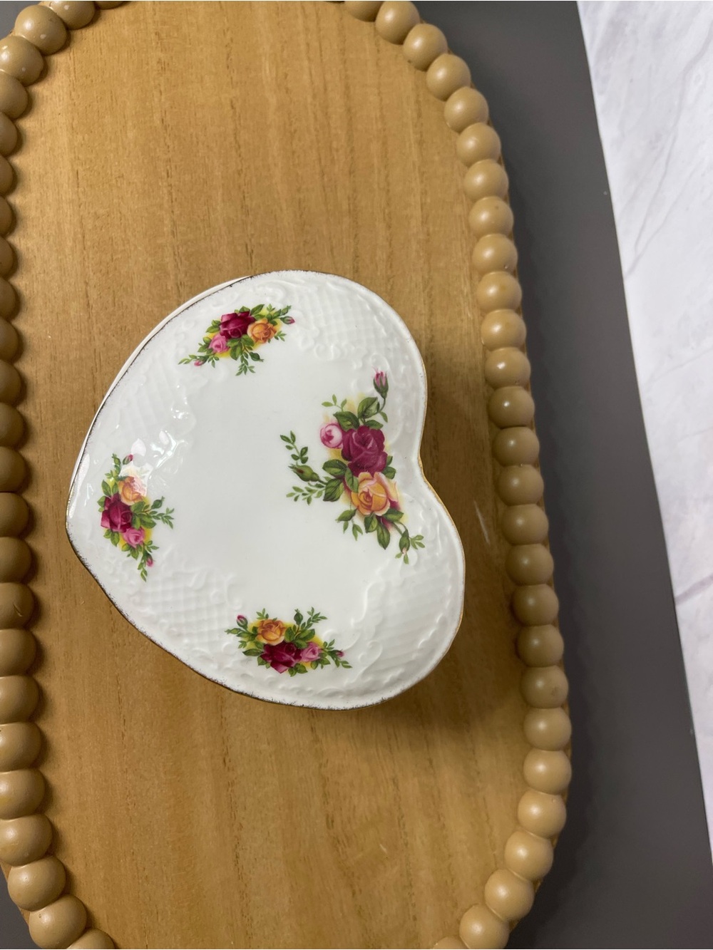 Royal Albert Heart-Shaped Porcelain Dish with Pink and Yellow Rose Bouquet